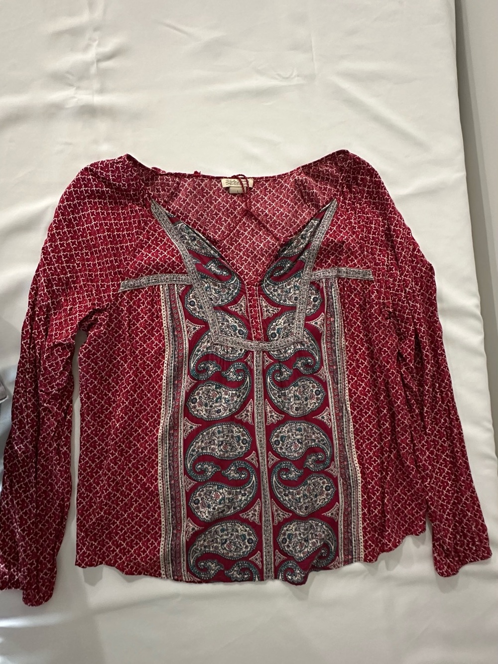 Lucky Brand Burgundy Paisley V-Neck Tunic Top